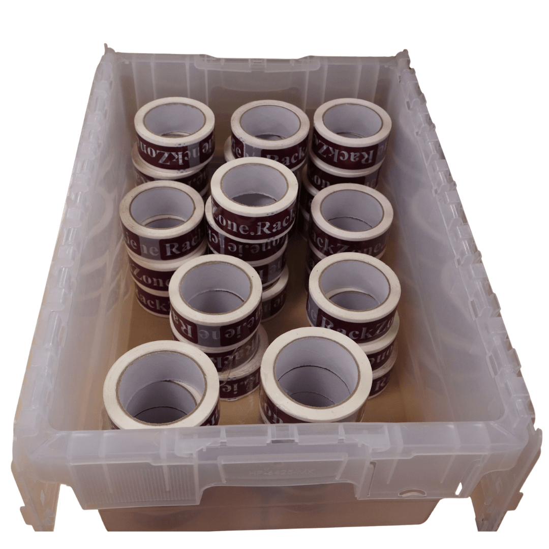 RackZone Attached Lid Containers 44L store and transport brown packing tape rolls.
