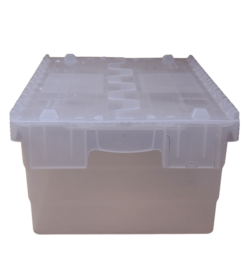 RackZone Attached Lid Container 44L, transparent, 600x400x250mm, front view.