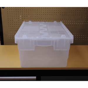 RackZone Attached Lid Container 44L, transparent, on light wood surface.