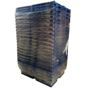 Pallet Deal: 39 x 58L Blue Attached Lid Containers by RackZone, shrink-wrapped.