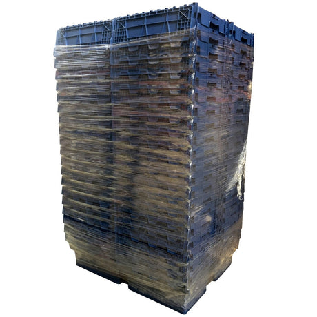 Pallet Deal: 39 x 58L Blue Attached Lid Containers by RackZone, shrink-wrapped.