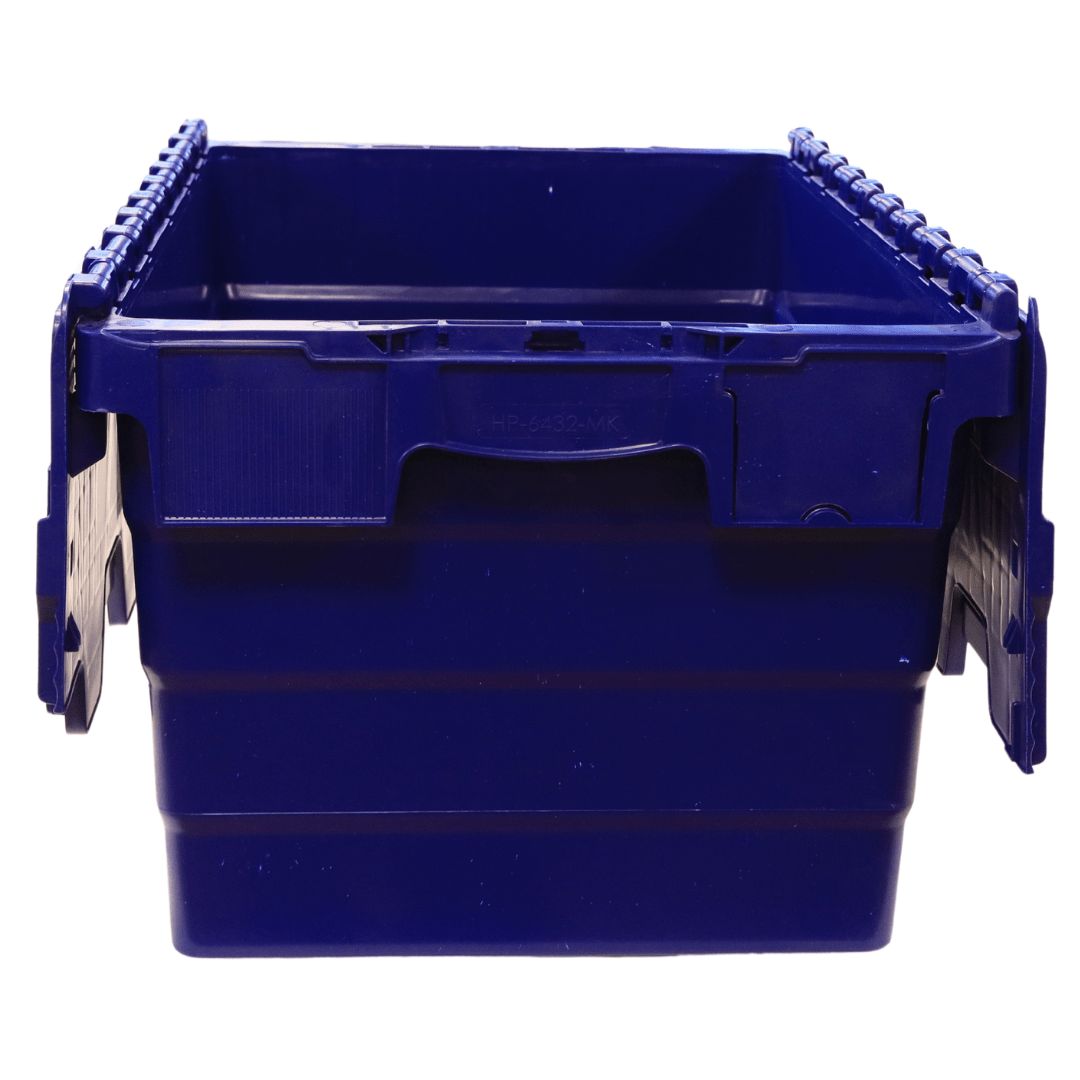 RackZone Attached Lid Container 58L, blue, hinged lid, front view.