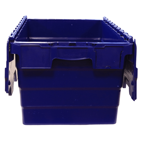 RackZone Attached Lid Container 58L, blue, hinged lid, front view.