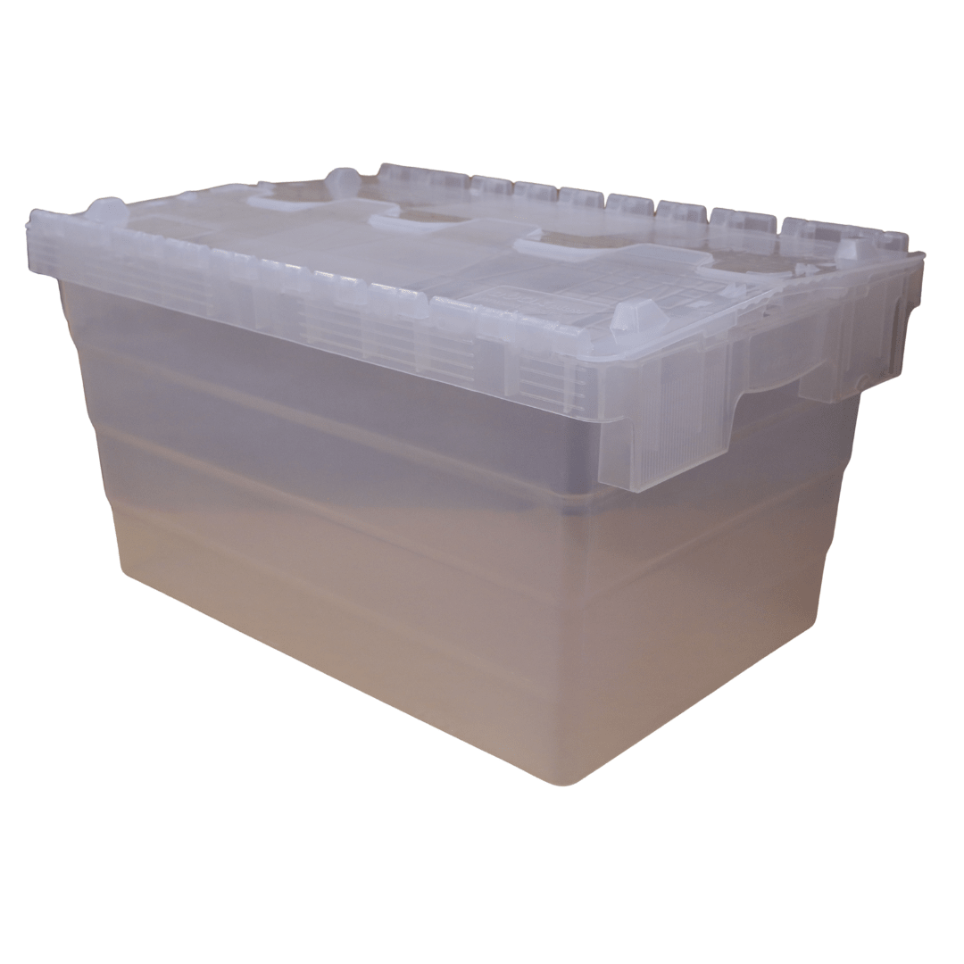 RackZone Attached Lid Containers 58L, transparent, 600x400x320mm, reusable.