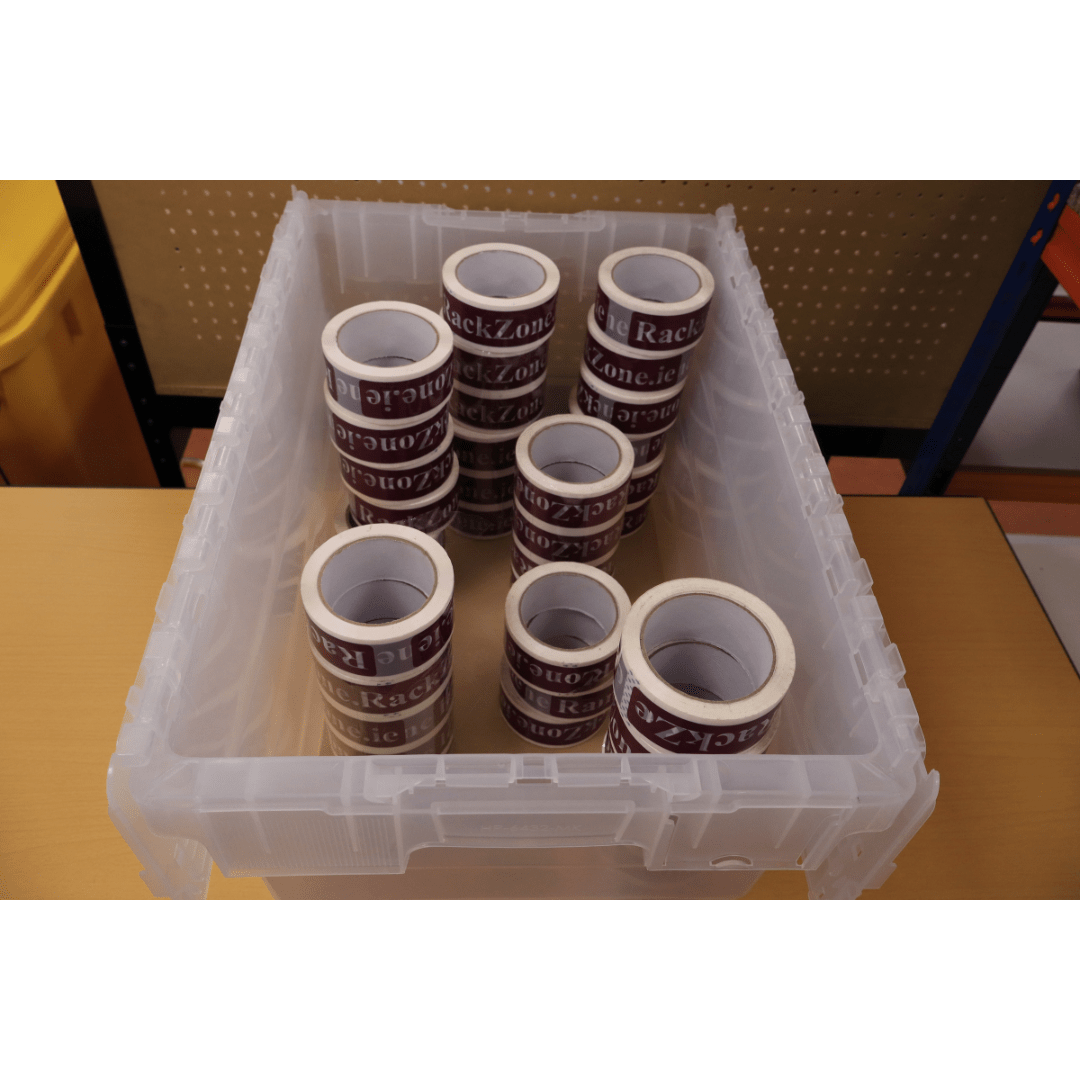 Several rolls of tape are stacked in a RackZone 58L Transparent Attached Lid Container.