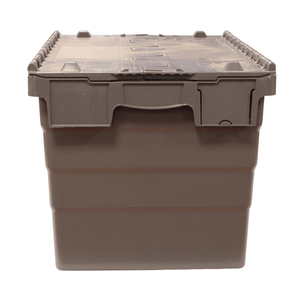 A grey RackZone Attached Lid Container 66L, 600x400x365mm, front view.