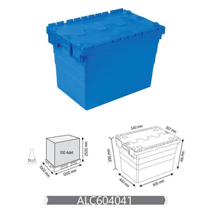 RackZone Pallet Deal: 72 blue 75L attached lid containers, 600x400x416mm.