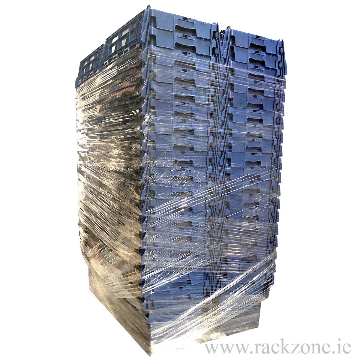 A pallet of 72 RackZone 75L blue containers wrapped in clear plastic film.