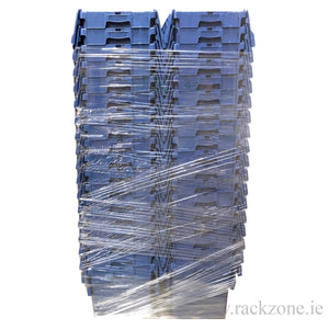 Pallet of 72 RackZone 75L blue attached lid containers, wrapped in clear film.
