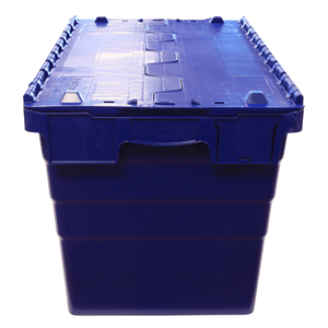 A blue RackZone 75L attached lid container, 600x400x416mm, front view.