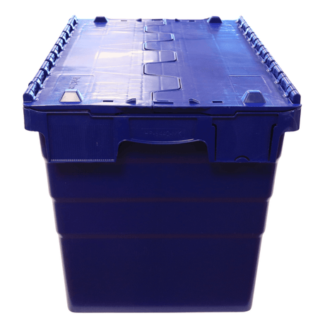 A blue RackZone 75L attached lid container, 600x400x416mm, front view.