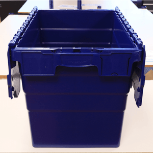 A RackZone blue 75L attached lid container sits open for industrial storage.