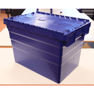 A RackZone 75L blue attached lid container sits on a white surface.