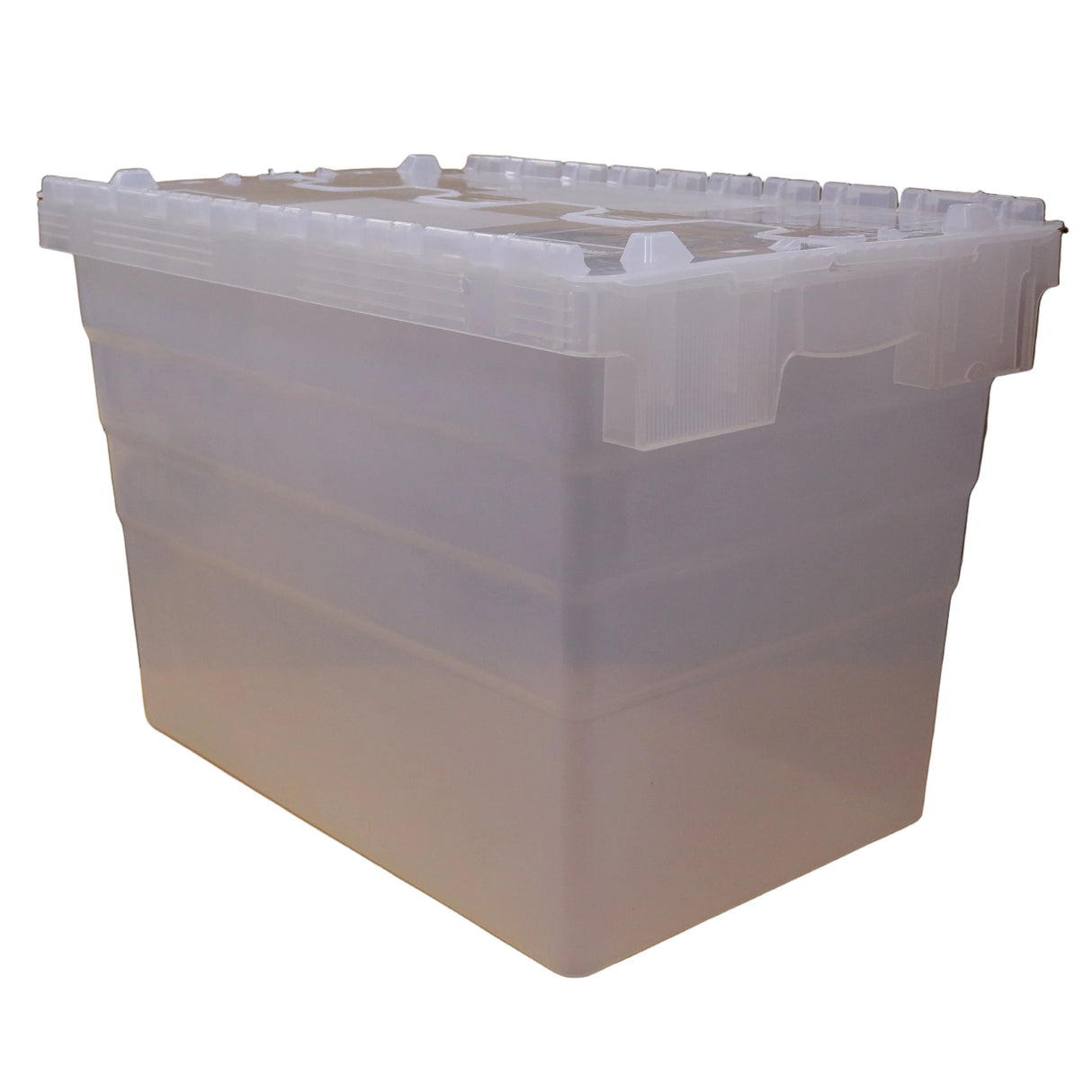 RackZone Attached Lid Container 75L, transparent, for warehouse storage and transport.