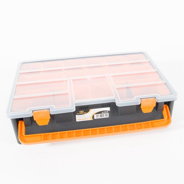 RackZone Small Parts Box, 13 Compartments, Clear Lid, Orange Handle.