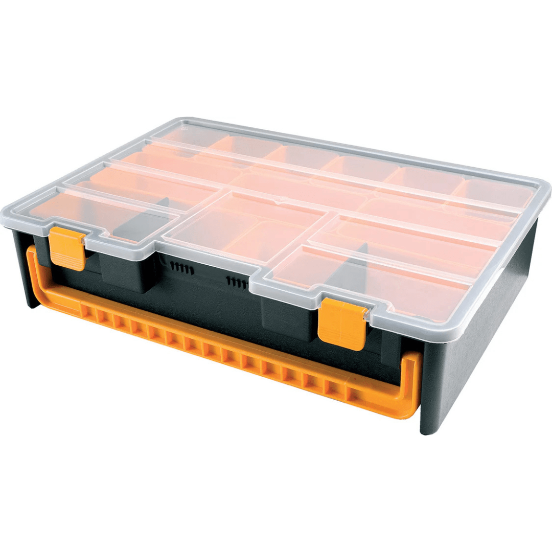 RackZone Small Parts Assortment Box, 13 compartments, clear lid organizer.