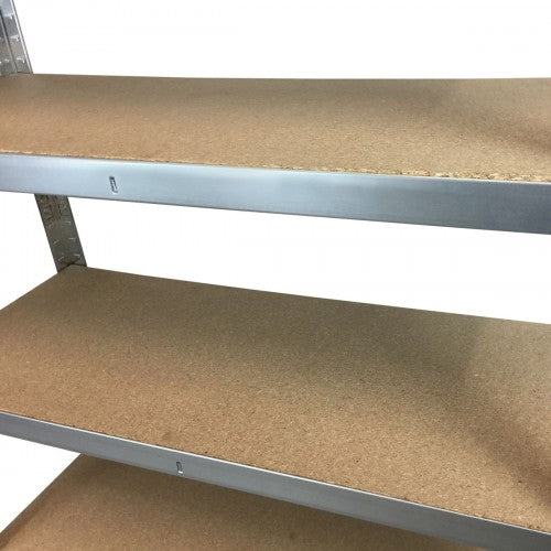 Close-up of RackZone Value Shelving 1960h 6 Level Galvanise 10 Bay shelving unit.