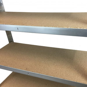 Close-up of RackZone Value Shelving 1960h 6 Level Galvanise 10 Bay shelving unit.