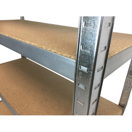 Close-up of RackZone Value Shelving 1960h with 6 wooden shelves, galvanised.