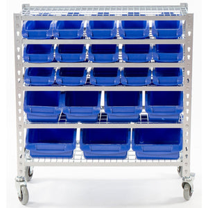 RackZone Bin Rack 22 Bin Blue with castor wheels and four sturdy shelves.