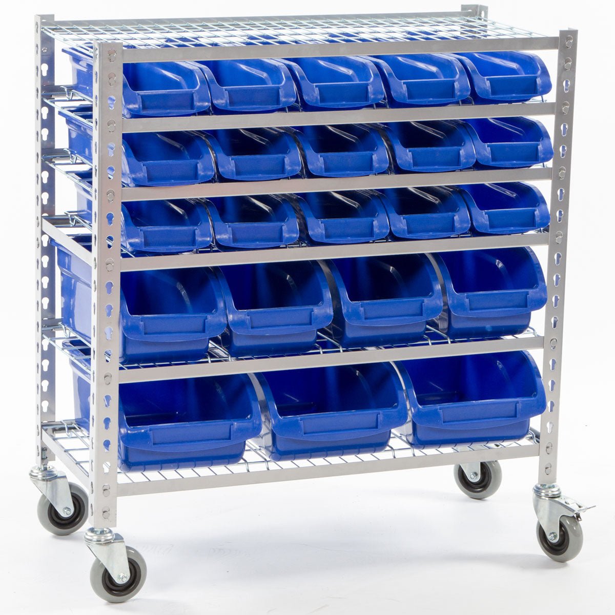 RackZone Bin Rack 22 Bin Blue with castor wheels for easy storage shelving.