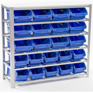 RackZone Bin Rack with 22 blue bins, 1130h x 1015w x 390d, static.