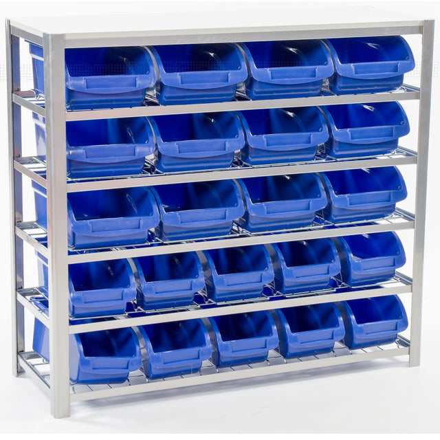 RackZone Bin Rack with 22 blue bins, 1130h x 1015w x 390d, static.