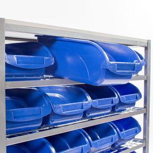 RackZone Bin Rack with 22 large blue bins, 1130h x 1015w x 390d static.