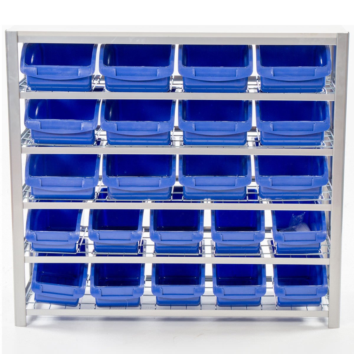 RackZone Bin Rack with 22 blue bins, 1130h x 1015w x 390d, static shelving.