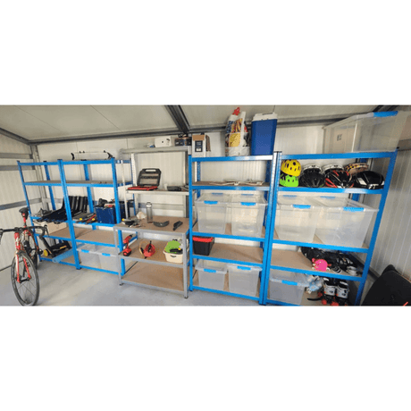 RackZone Business Starter Kit: three blue shelves with storage and sports gear.
