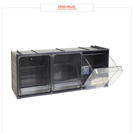 RackZone Storage Tilt Bin System CB400/3B: 224 drawers, sliding panels open.