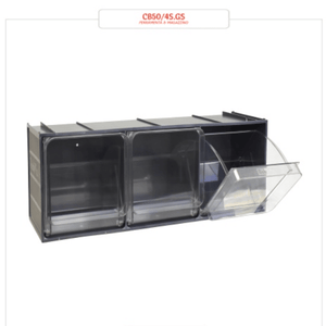 RackZone Storage Tilt Bin System CB400/3B: 224 drawers, sliding panels open.