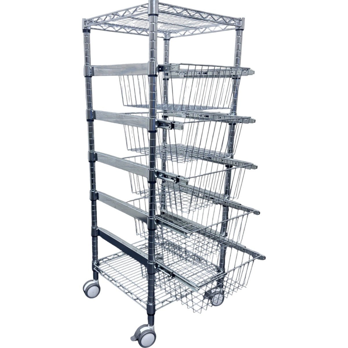 RackZone 5 Tier Chrome Basket Trolley with wheels, 1250H x 450W x 450D.
