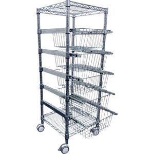RackZone 5 Tier Chrome Basket Trolley with wheels, 1250H x 450W x 450D.