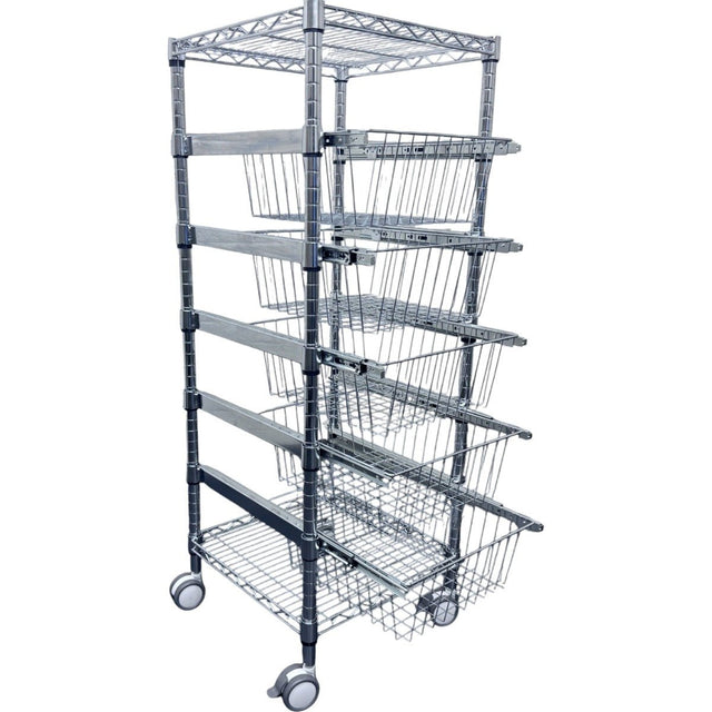 RackZone 5 Tier Chrome Basket Trolley with wheels, 1250H x 450W x 450D.