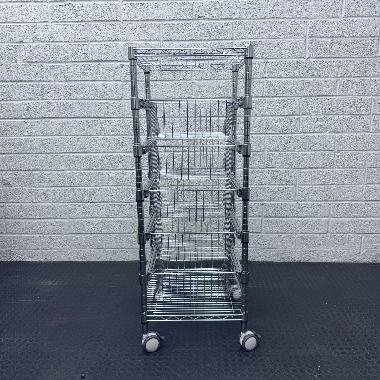 RackZone 5 Tier Chrome Basket Trolley, 1250H x 450W x 450D, ideal for kitchens.