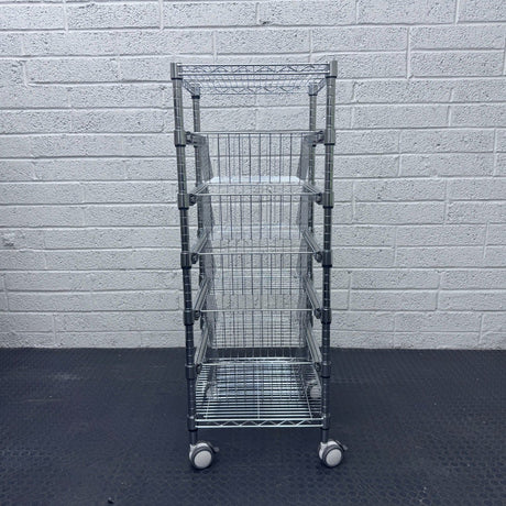 RackZone 5 Tier Chrome Basket Trolley, 1250H x 450W x 450D, ideal for kitchens.