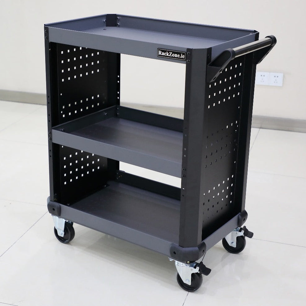 RackZone 3 Tier Service Tool Cart with caster wheels on a tiled floor.