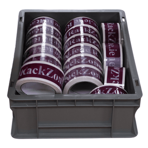 A Euro Container 400x300x120mm holds maroon RackZone tape rolls.