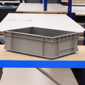 A RackZone Euro Container 400d x 300w x 120h is on a wooden table.
