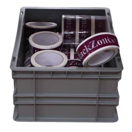 RackZone Euro Container 400x300x175mm holds rolls of printed packing tape.
