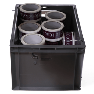 A RackZone Euro Container 400x300x220mm Grey holds six rolls of packaging tape.