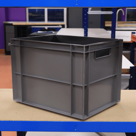 A RackZone Euro Container 400x300x290 grey sits on a workbench.