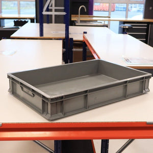 A grey RackZone Euro Container 600x400x100 sits on a white tabletop.