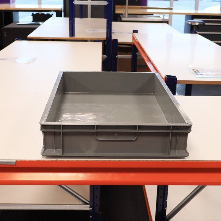 A RackZone Euro Container (grey, 600x400x100mm) sits on a white table.
