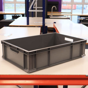 A gray RackZone Euro Container 600x400x150mm sits empty on a white tabletop.