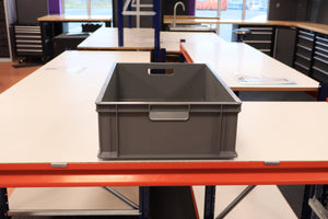 A RackZone grey 65 Euro Container pallet sits on a white workbench.