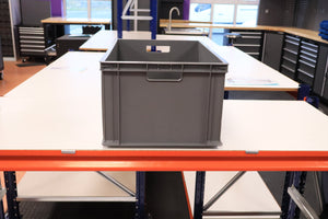 A RackZone Euro Container sits on a white table in a workshop setting.