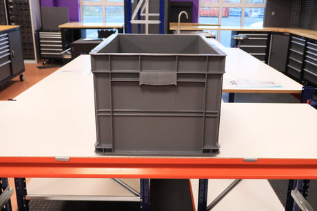 A RackZone 45 Euro Container sits on a white table in a workshop.
