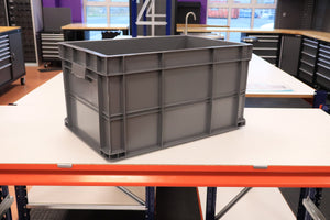 A RackZone Euro Container 600x400x320mm sits on a white workbench.